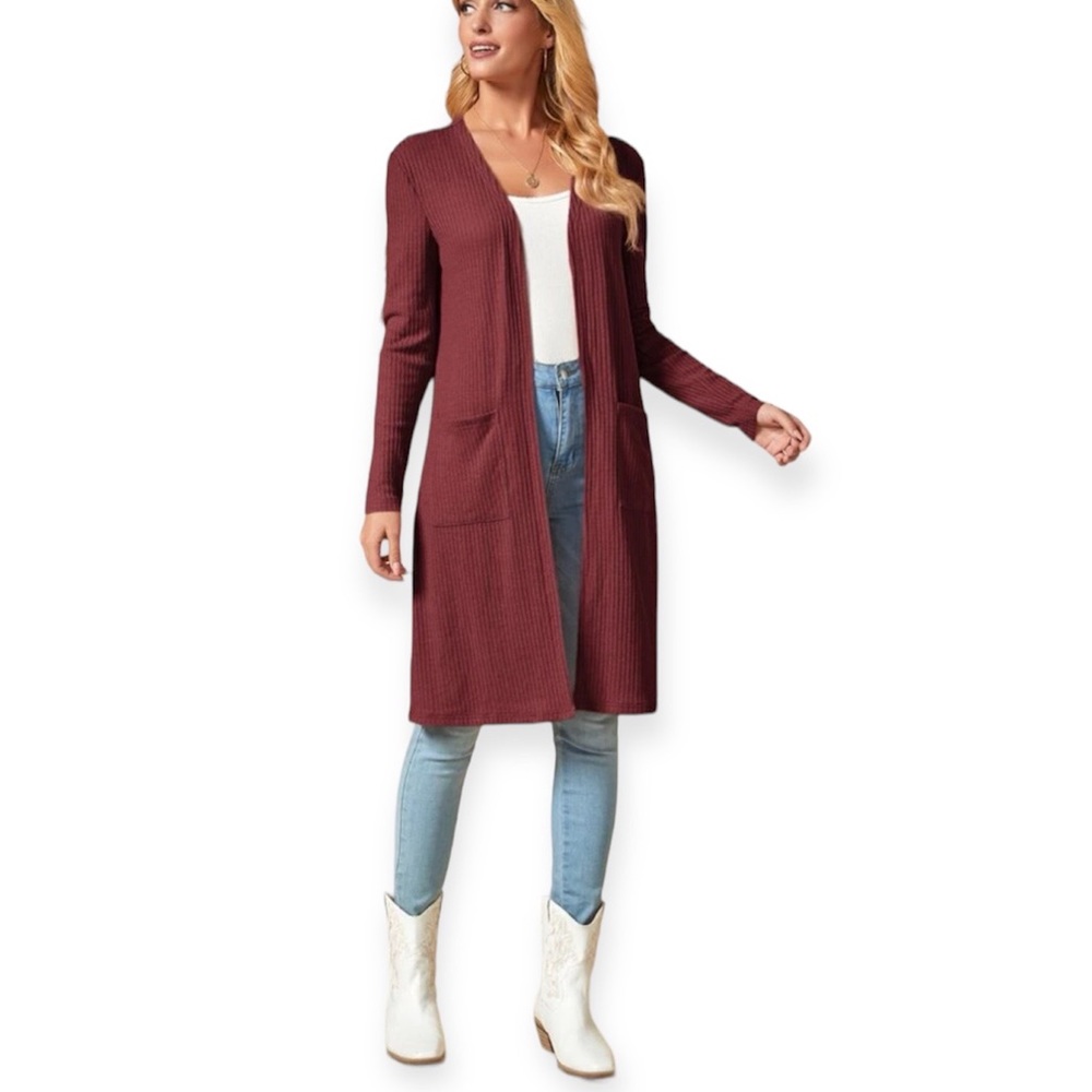 Long sleeve dual pocket open front long burgundy cardigan